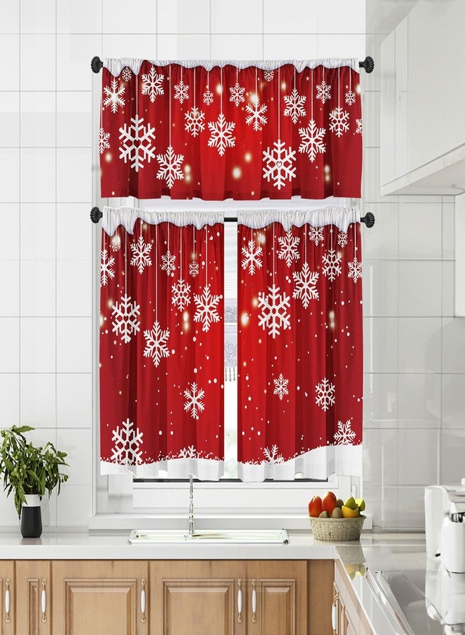 Deztibos Christmas Kitchen Curtains and Valances Set of 3 - Red Snowflake Decor, Winter Xmas Short Curtain Set for Bedroom Holiday Decor 52x18Inch，26x36 Inch - Image 4